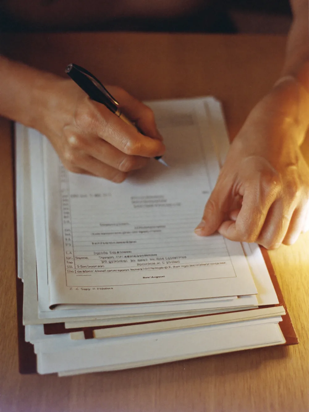 Mãos revisando documentos impressos sobre uma mesa