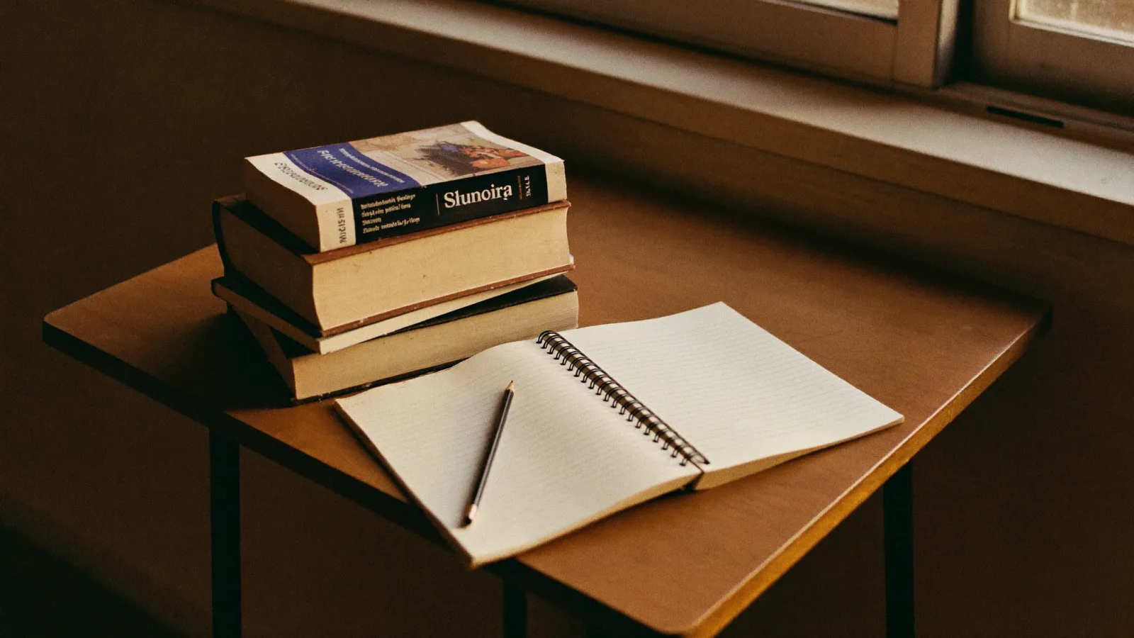 Livros e um caderno aberto sobre uma carteira